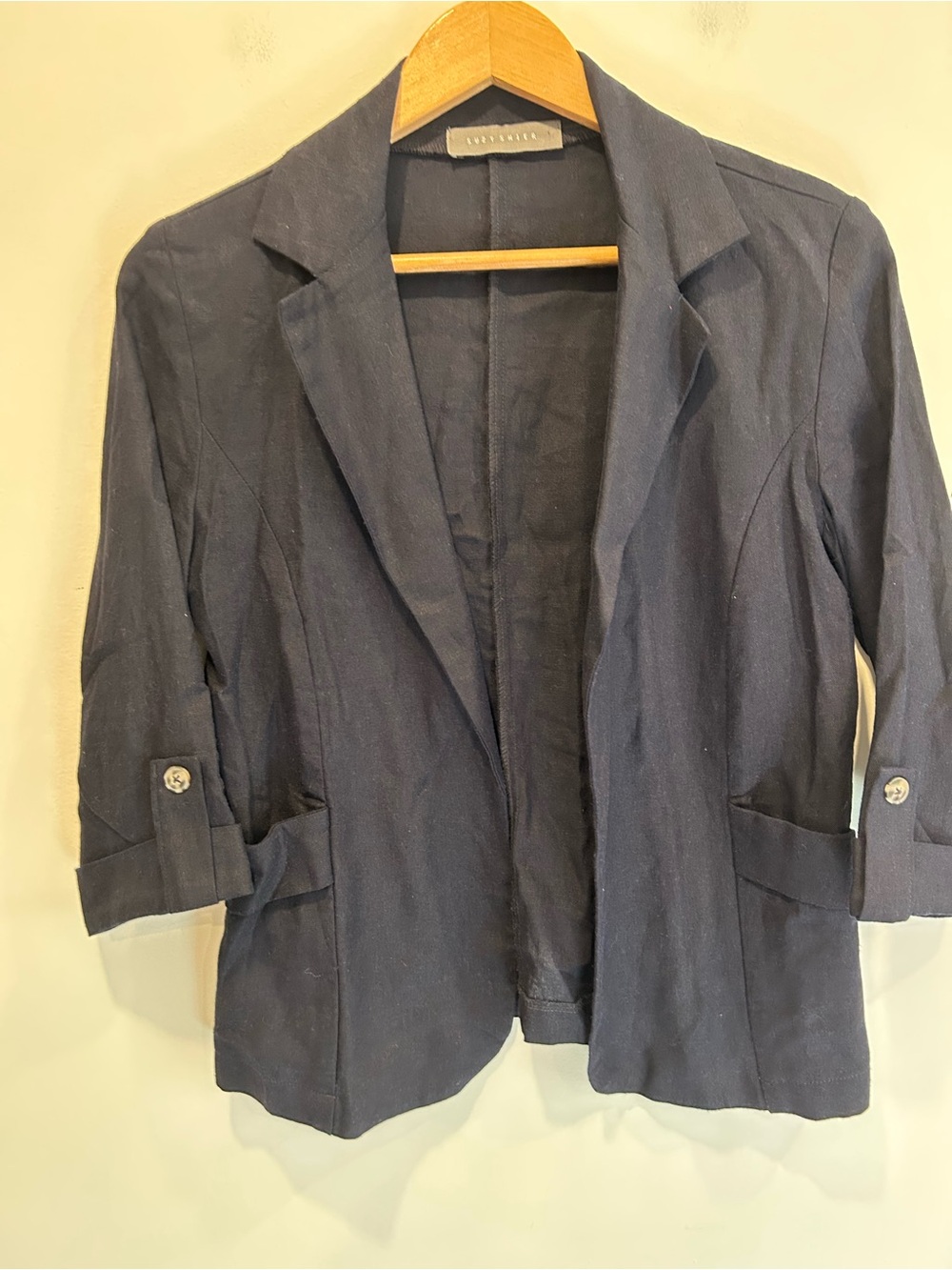 Suzy Shier Linen Blend 3/4 Sleeve Open Front Blazer Navy Blue
